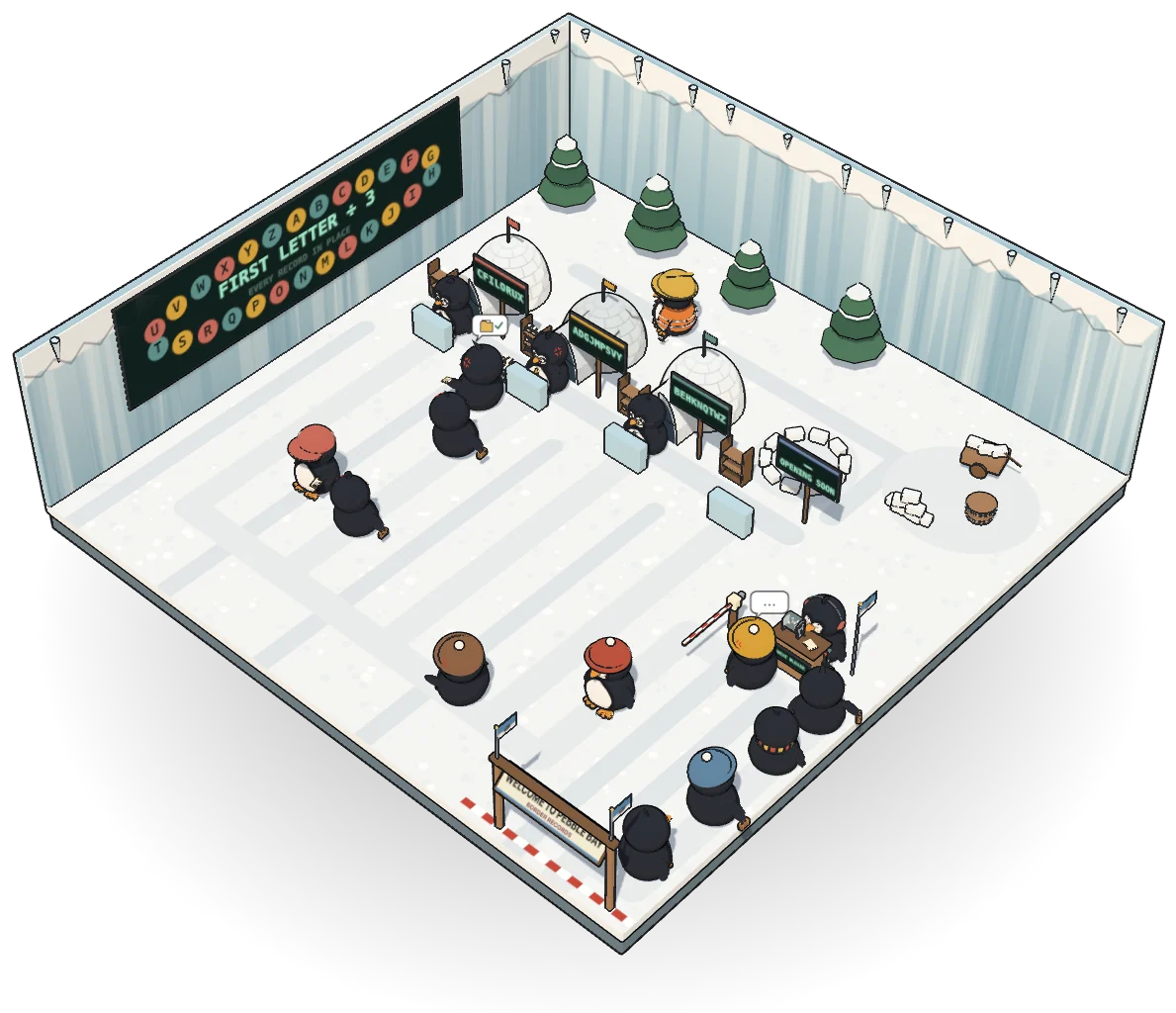 Pebble Bay's border crossing: travellers queue under a welcome arch to a guard's booth and barrier, a row of igloo records offices with screens, and a big screen on the ice cliff showing the ring of letters