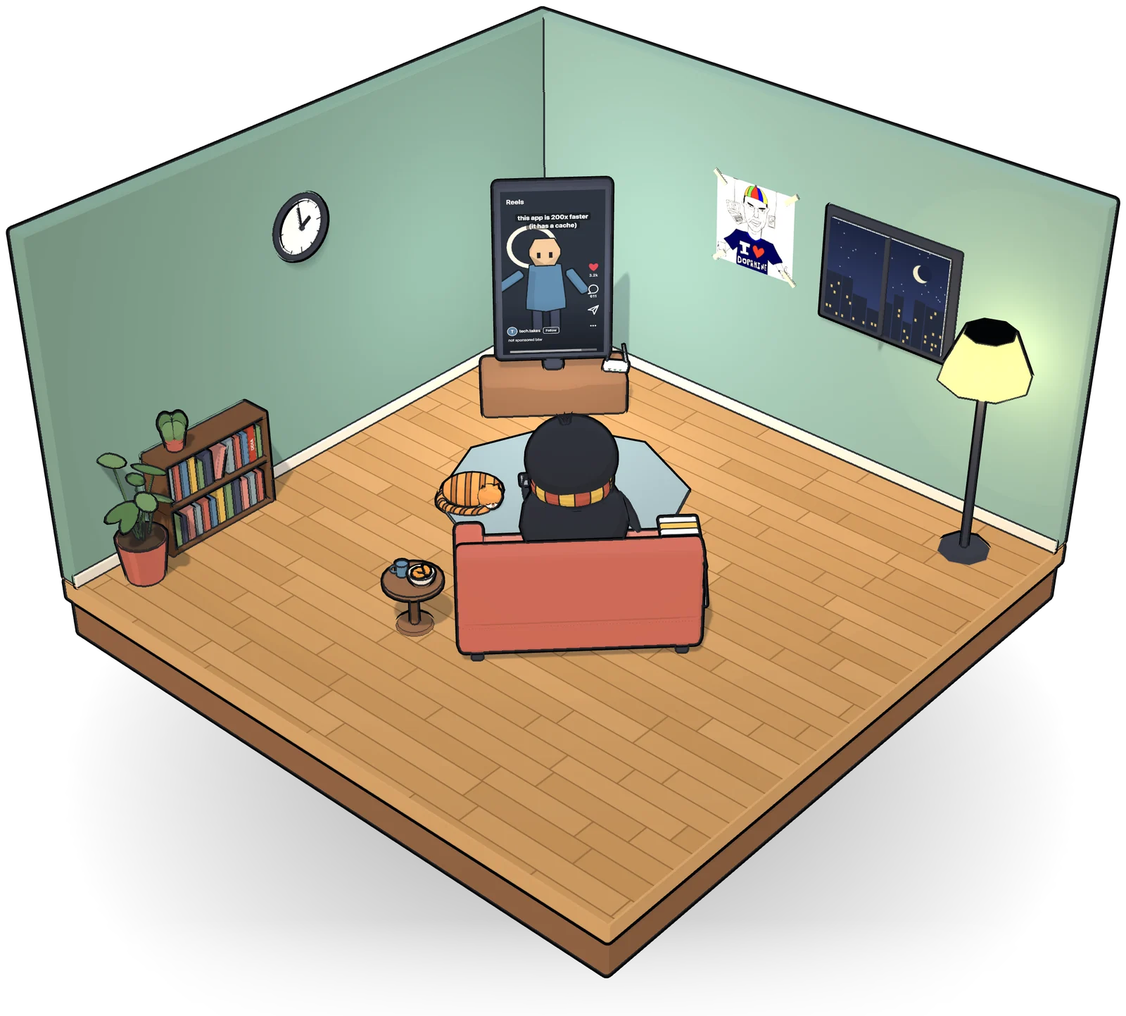 The living room at night: a penguin on the sofa watching reels on a giant phone-shaped TV, a cat asleep beside them