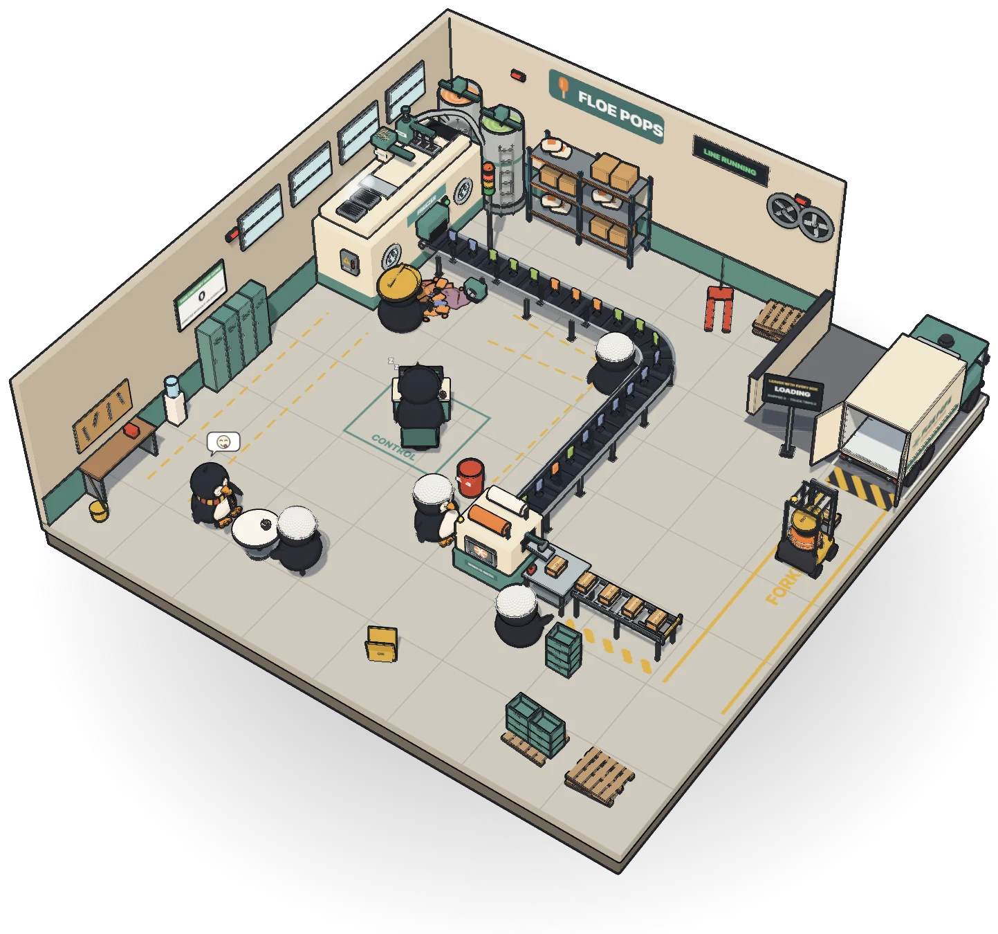 Floe Pops, an ice lolly factory: a pump filling moulds on the freezer's roof, a conveyor belt of lollies, a spill by the freezer, a wrapping machine, a forklift loading a truck, and a penguin asleep at the control desk