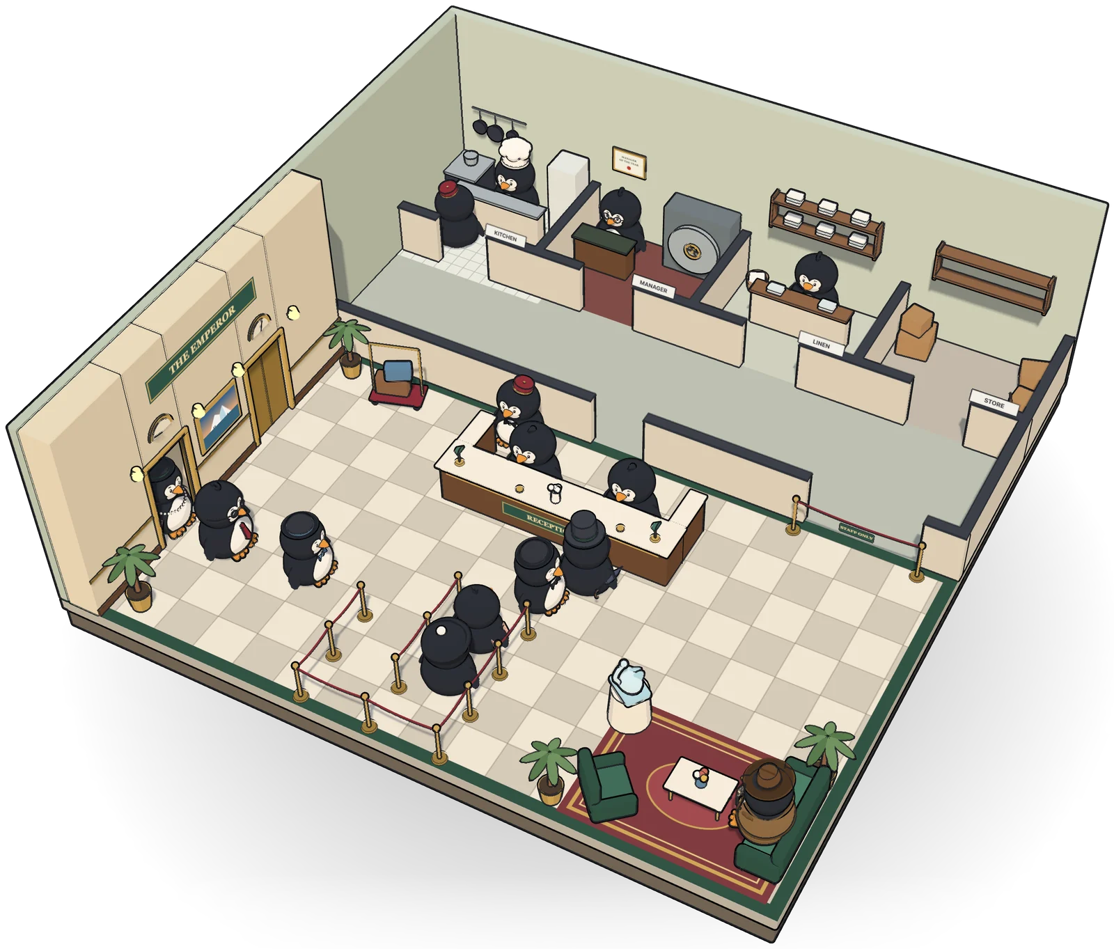 The Emperor hotel: a lobby with a front desk and a queue, and the kitchen, office, linen room and store behind