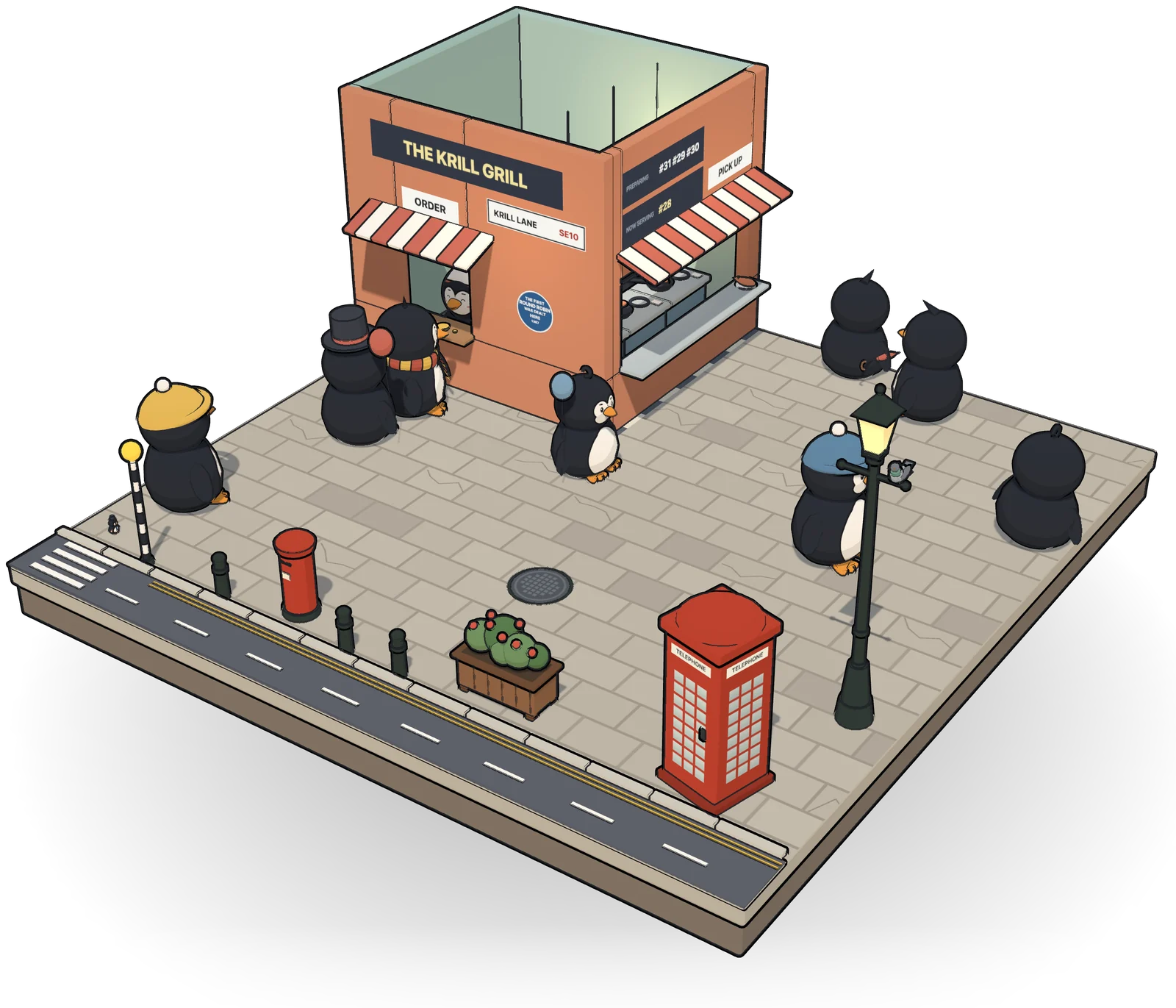 The Krill Grill, a takeaway on a street corner, with penguins queueing at its windows