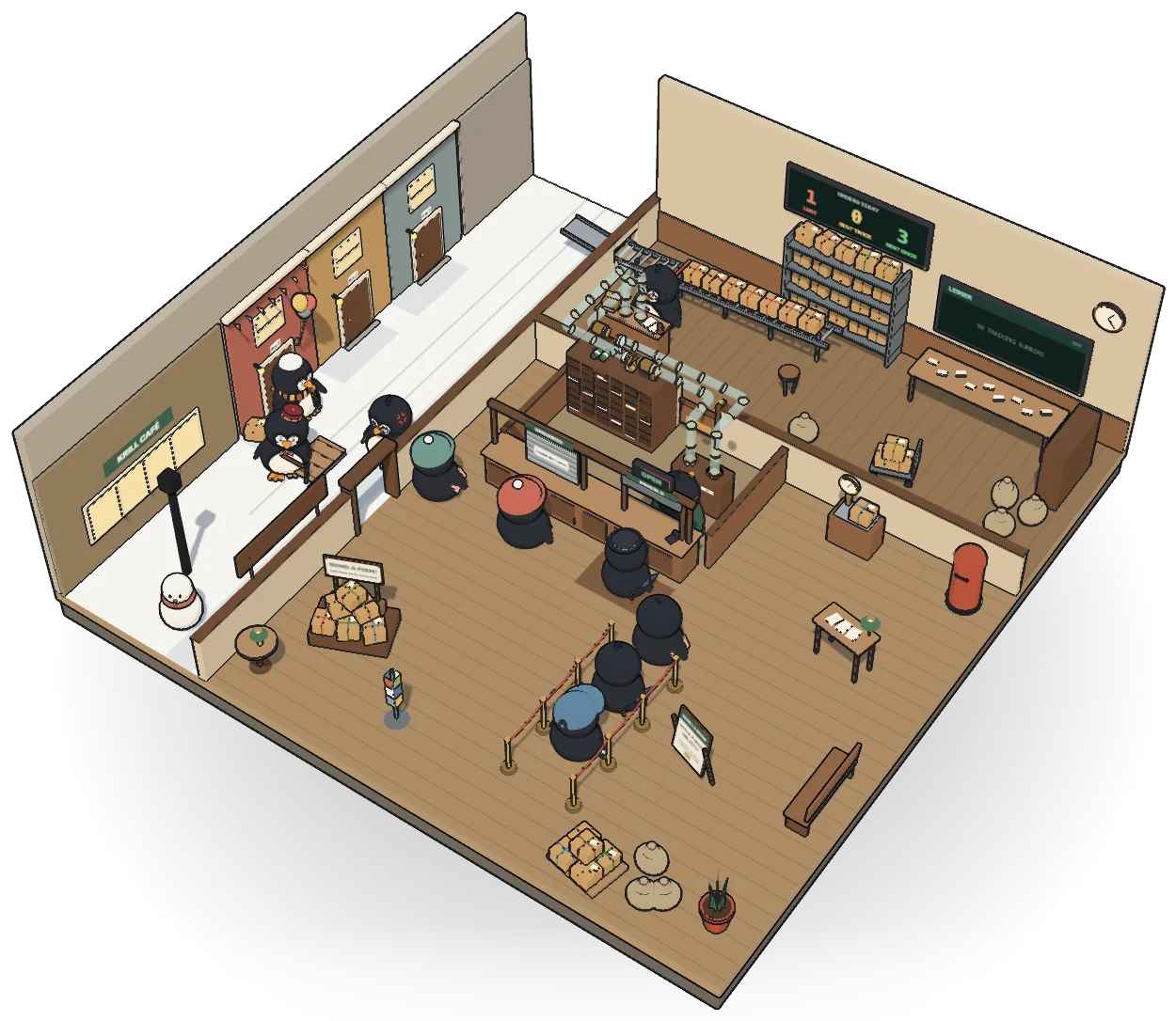 The Iceberg Express, a post office: a counter with a queue and an ENQUIRIES window, brass pneumatic tubes over the pigeonholes, a sorting room with a stock rack under an ORDERS TODAY screen and a ledger screen, and a snowy street of front doors outside